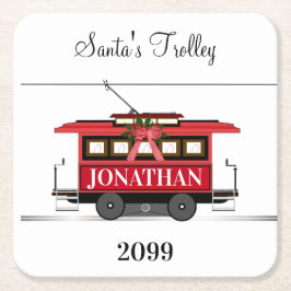 Kerstnieuwjaars Red Tram Trolley Streetcar Kartonnen Onderzetters