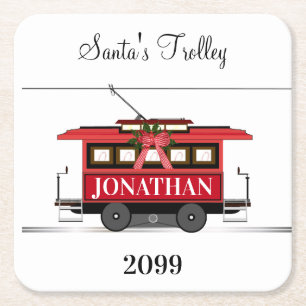 Kerstnieuwjaars Red Tram Trolley Streetcar Kartonnen Onderzetters