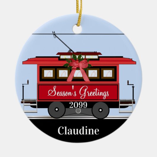 Kerstnieuwjaars Red Tram Trolley Streetcar Keramisch Ornament (Voorkant)