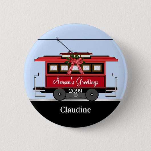 Kerstnieuwjaars Red Tram Trolley Streetcar Ronde Button 5,7 Cm (Voorkant)