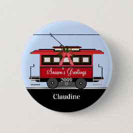 Kerstnieuwjaars Red Tram Trolley Streetcar Ronde Button 5,7 Cm