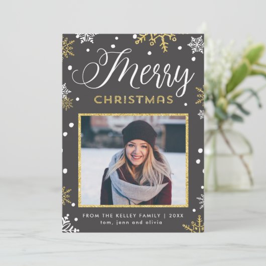 Kerstnieuwsbrief Foto met Gouden Sneeuwvlokken Feestdagenkaart (Staand voorkant)