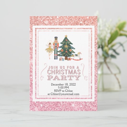 KerstNutkraker Roze Glitter Uitnodiging (Staand voorkant)