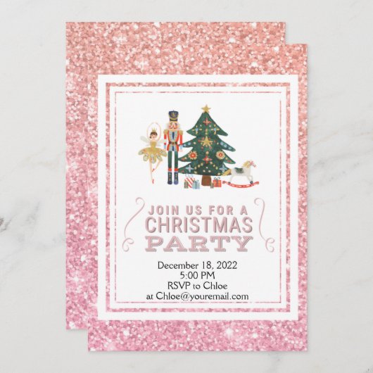 KerstNutkraker Roze Glitter Uitnodiging (Voorkant / Achterkant)