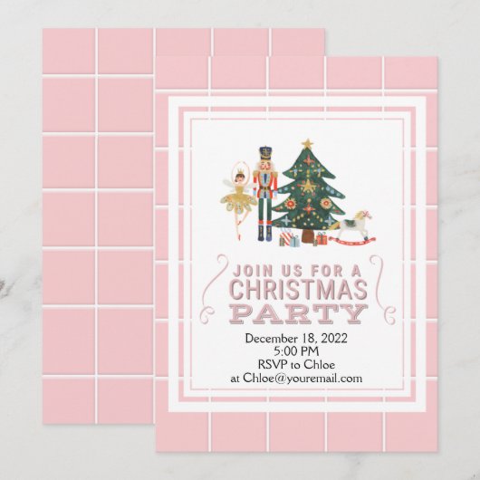 KerstNutkraker Roze lijnen Uitnodiging (Voorkant / Achterkant)