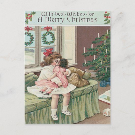 Kerstochtend Boom Cadeau Meisje Doll Feestdagenkaart (Voorkant)