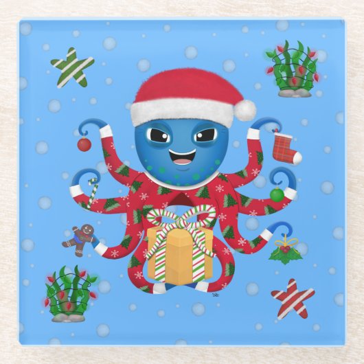 Kerstoctopus Glazen Onderzetter (Voorkant)