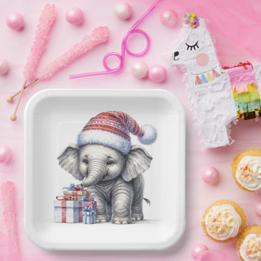 Kerstolifant met kerstcadeaus papieren bordje (Feest)