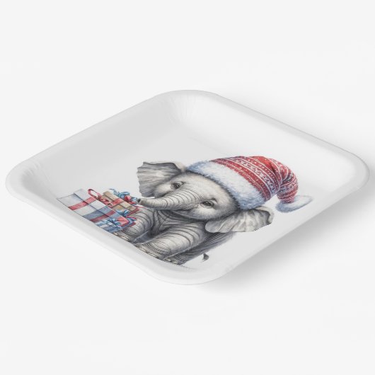 Kerstolifant met kerstcadeaus papieren bordje (Gebogen)