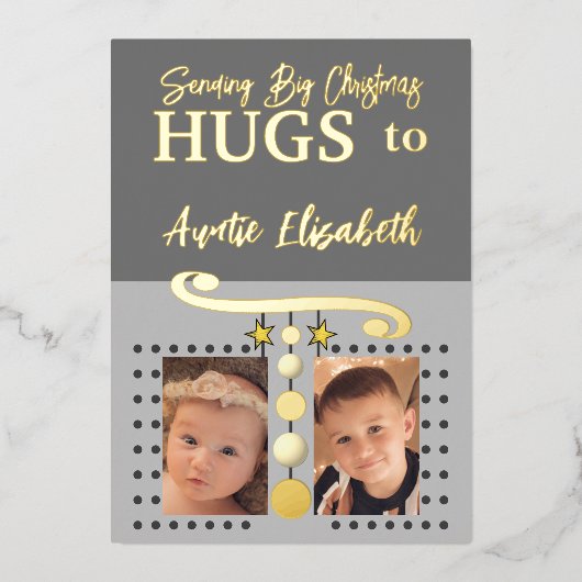 Kerstomhelzingen tante foto's goud grijs folie feestdagenkaart (Voorkant)