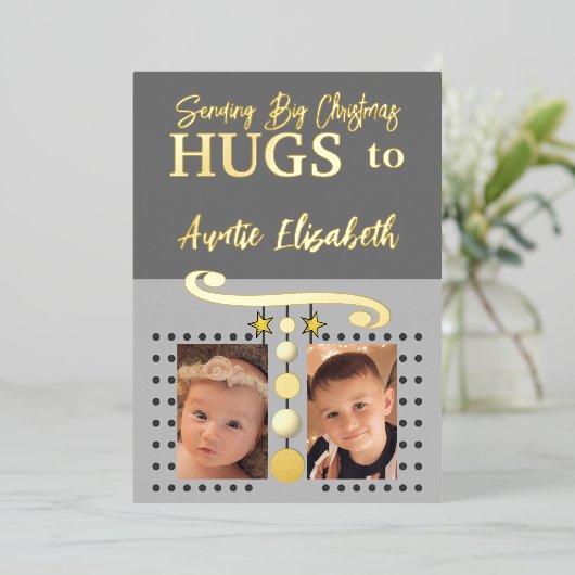 Kerstomhelzingen tante foto's goud grijs folie feestdagenkaart (Staand Voorkant)