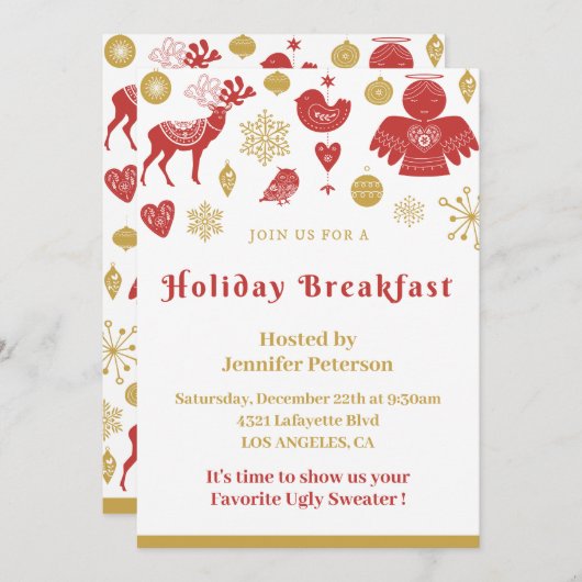 Kerstontbijt Uitnodiging Goud Rood Scandinavisch (Voorkant / Achterkant)