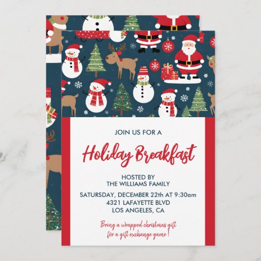 Kerstontbijt Uitnodiging Santa Sneeuwman bomen (Voorkant / Achterkant)