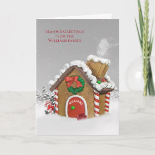 Kerstontbijtbroodhuis met familienaam feestdagen kaart