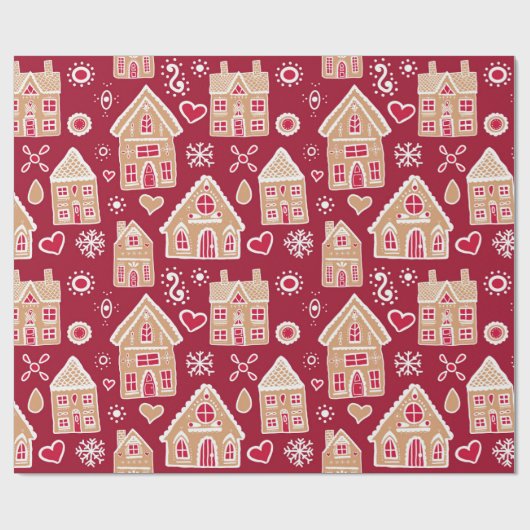 Kerstontbijtkod-huizen op rood cadeaupapier (Vlak)