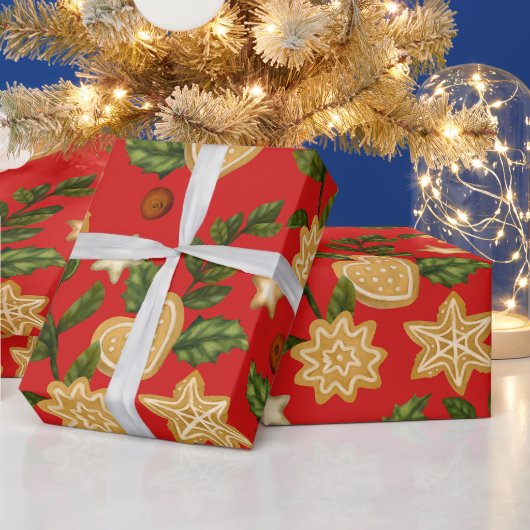 Kerstontbijtkoekjes en koekjes en rode bessen cadeaupapier (Feestdagen)