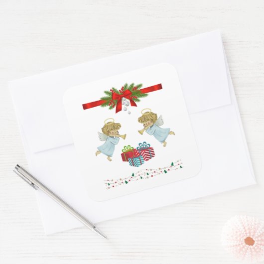 Kerstontwerp met engelen vierkante sticker (Envelop)