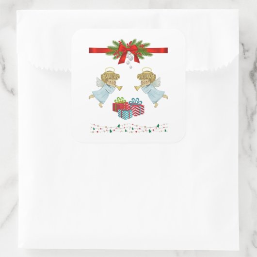 Kerstontwerp met engelen vierkante sticker (Tas)