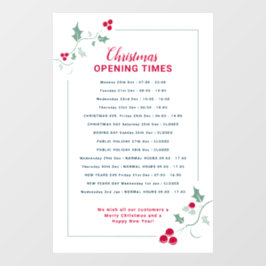 kerstopeningstijden, groen rood heilig raamsticker