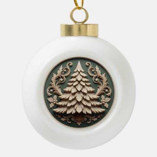 Kerstornament 2025 – Houtsnijstijl Keramische Bal Ornament (Voorkant)