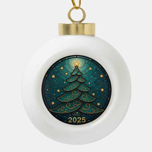 Kerstornament 2025 Nep Gebrandschilderd Glas Eff.  Keramische Bal Ornament (Voorkant)