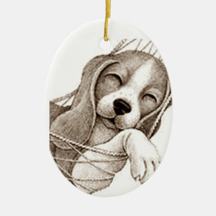 KERSTORNAMENT: BEAGLE WELP IN HANGMAT KERAMISCH ORNAMENT
