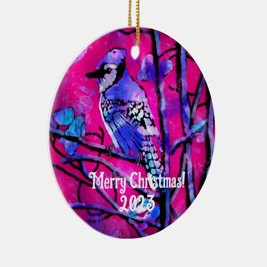Kerstornament - Blauw Jay Roze Abstracte kunst Keramisch Ornament (Rechts)