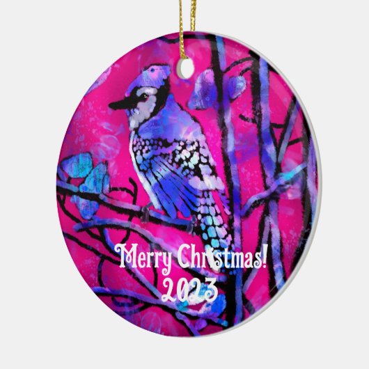 Kerstornament - Blauw Jay Roze Abstracte kunst Keramisch Ornament (Links)