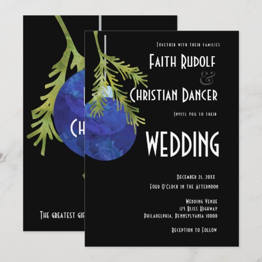 Kerstornament Blauw, Modern  Bruiloft Aankondiging (Voorkant / Achterkant)