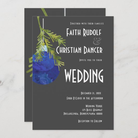 Kerstornament Blauw, Modern Huwelijk Aankondiging (Voorkant / Achterkant)