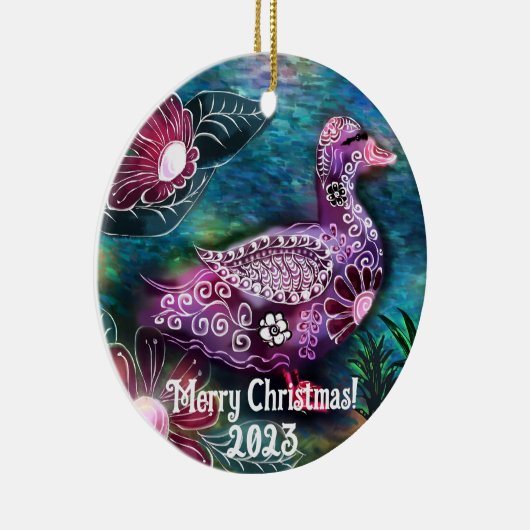 Kerstornament - grillige eend schilderij keramisch ornament (Rechts)