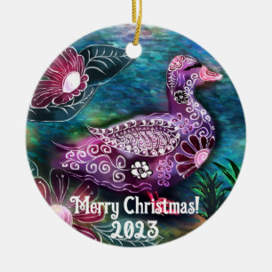 Kerstornament - grillige eend schilderij keramisch ornament