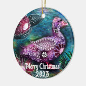 Kerstornament - grillige eend schilderij keramisch ornament (Links)