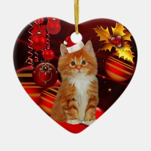 Kerstornament Kat Met Kerstman Hoed Keramisch Ornament (Voorkant)