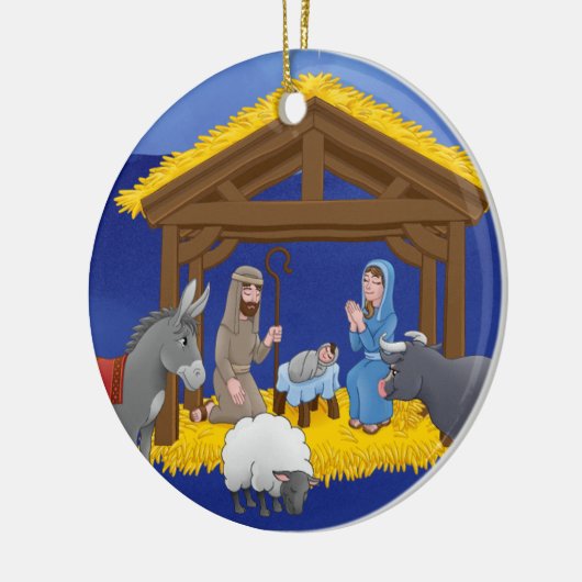 Kerstornament met een kerststal keramisch ornament (Links)