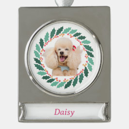 Kerstornament met eigen foto en naam verzilverd banner ornament