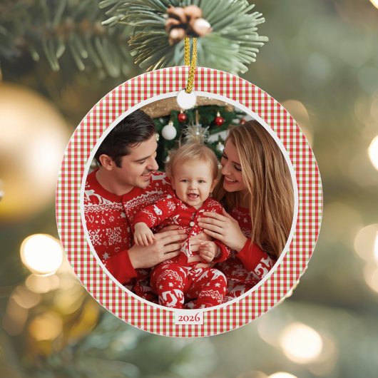 Kerstornament met foto en geruite stof keramisch ornament