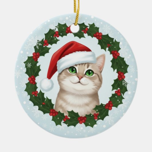 Kerstornament met glimlachende kat Santa Paws Keramisch Ornament (Voorkant)