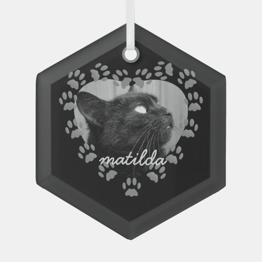 Kerstornament met pootafdruk hart kat foto glas ornament (Voorkant)