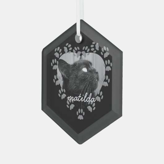 Kerstornament met pootafdruk hart kat foto glas ornament (Voorkant links)