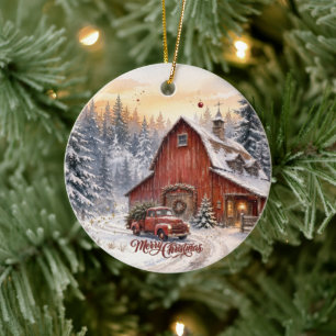 Kerstornament met rode schuur foto keramisch ornament