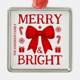 Kerstornament met vrolijke rode geruite strik metalen ornament