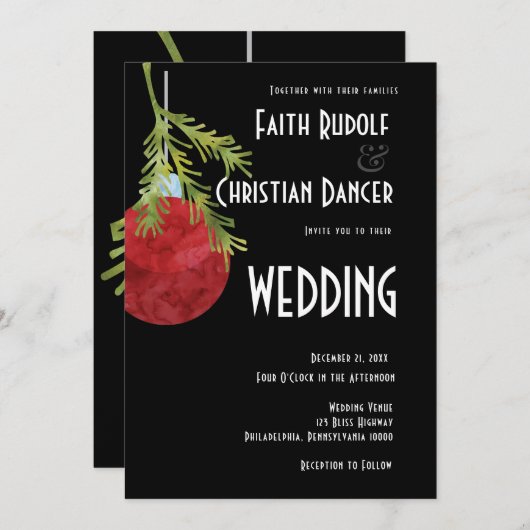 Kerstornament Rood, Modern  Trouwfeest Aankondiging (Voorkant / Achterkant)