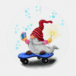 Kerstornament Schaatsende Kabouter met Cadeaus Metalen Ornament