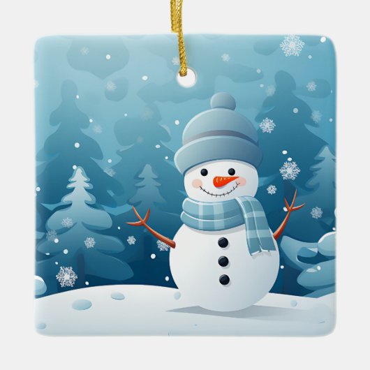 Kerstornament-Winterlandschap met Sneeuwman  Keramisch Ornament (Voorkant)