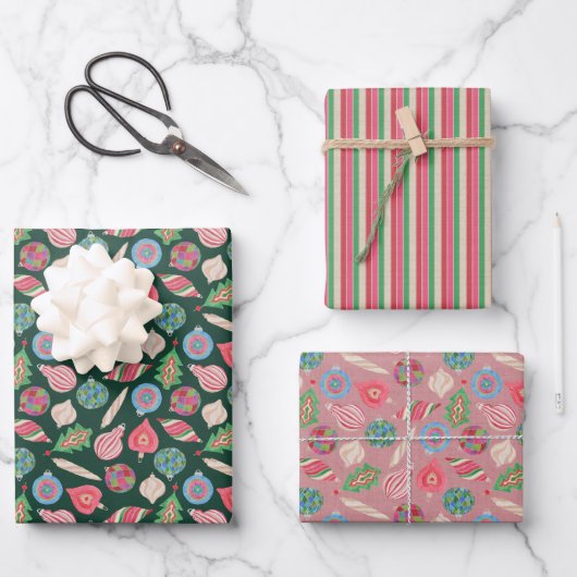 Kerstornamenten Cadeaupapier Set van Drie (Voorkant)