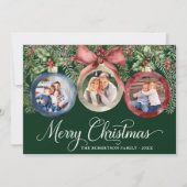 Kerstornamenten Elegante familie 3 foto's Groen Feestdagenkaart (Voorkant)