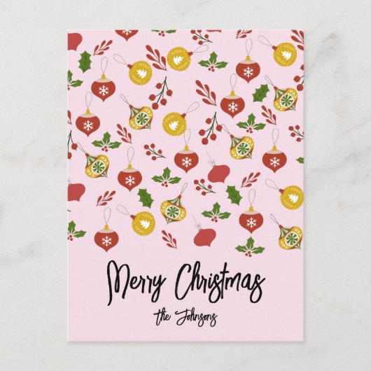 Kerstornamenten Festieve Groene Takken Roze    Briefkaart (Voorkant)