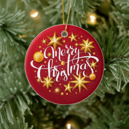 Kerstornamenten Fonkelende Ster Typografie Rood Keramisch Ornament
