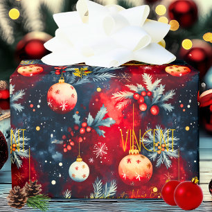 Kerstornamenten in rood goud op een diepblauw patr cadeaupapier